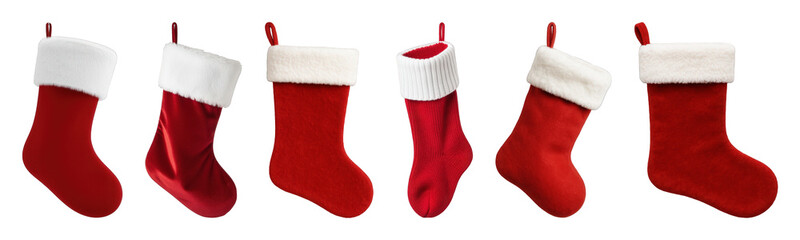 Red Christmas stocking set including various fabric textures and orientations isolated. Holiday season decor and festive traditions.