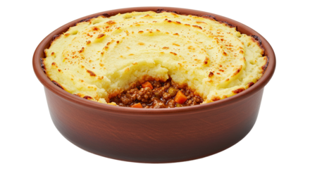 Savory Shepherd's Pie in Round Brown Baking Dish with Mashed Potatoes