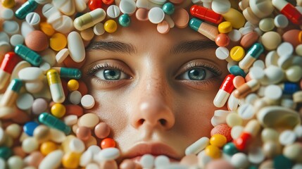 Woman's Face Surrounded by Colorful Pills and Capsules