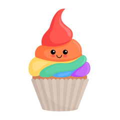 Cute rainbow cupcake with smiling face and colorful frosting, cartoon style dessert isolated on white background.