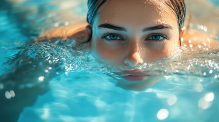 Close-up of a Woman's Face Emerging from Blue Water