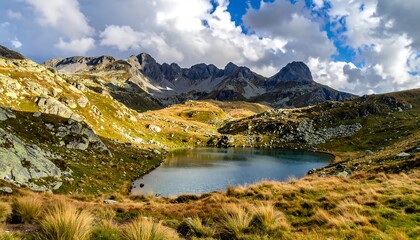 Scenic Mountain Lake Landscape with Rugged Peaks and Cloudy Sky.