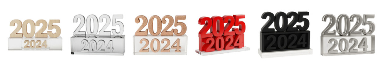 Year 2025 and 2024 display set including wooden, silver, rose gold, red, and black versions isolated. New Year celebration and future planning collection.