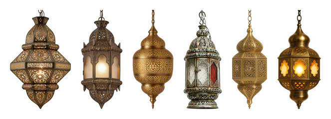 Obraz premium Ornate lantern set including Moroccan, Arabian, and Indian styles with metallic finishes isolated. Festive decor and cultural celebration elements.