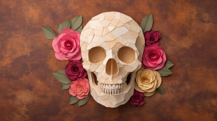 A decorative skull made of mosaic pieces, surrounded by colorful paper roses, set against a textured brown background.