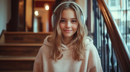 Young Girl Wearing Headphones Enjoying Music Indoors
