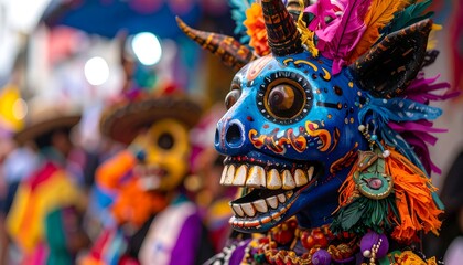Colorful, ornate mask with horns and vibrant painted details, part of a parade