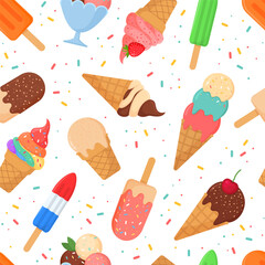 Seamless pattern of colorful ice cream types including cones, popsicles, sundaes, and smiling characters in cartoon style