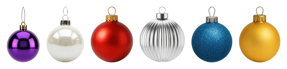 Christmas ornament set including glossy purple, pearlescent white, matte red, ribbed silver, glitter blue, and matte gold baubles isolated. Holiday season decoration collection.