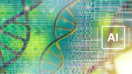 AI technologies in genetics. Using artificial intelligence to modify genome. DNA chains near AI logo. Modern technologies in science of genetics. Genome sequencing using AI concept. 3d image