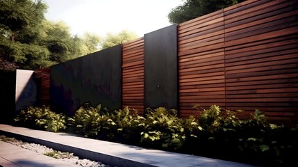 Modern exterior fence design featuring wood panels and dark vertical accents amidst lush greenery