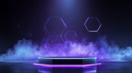 Flying cylinder podium with neon geometric shapes and smoke clouds Purpleblue luminous 3D vector product platform on dark background