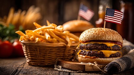 Best american cheeseburger and french fries with usa flag for independence day celebration food photography