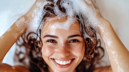Happy Woman Washing Hair with Shampoo and Bubbles