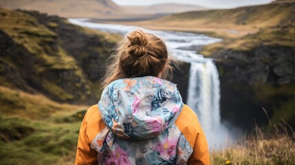 Woman Admiring Majestic Waterfall in Icelandic Landscape