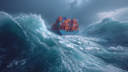 Container ship in stormy sea, powerful waves and resilience, 3D illustration. 