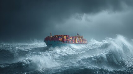 Container ship in stormy sea, powerful waves and resilience, 3D illustration. 