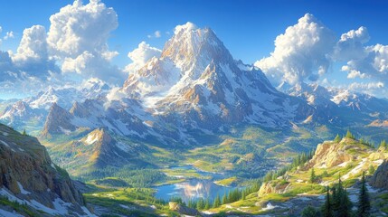 Alpine vista, snow-capped peak, sunny valley
