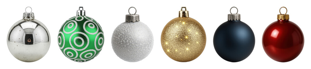 Christmas ornament set including silver mercury, green patterned, frosted white, gold glitter, navy matte, and red glossy designs isolated. Holiday season collection.