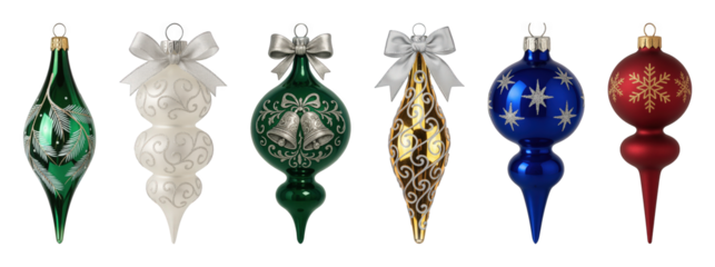 Christmas glass ornament set including icicle, teardrop, finial, and round shapes with festive designs isolated. Holiday season decoration.
