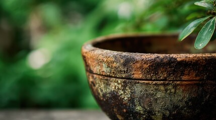 Fototapeta premium Medium shot capturing a clay plant pot with rustic details clearly defined set against an outoffocus green backdrop enhancing its natural earthy appeal.