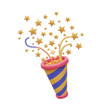 Festive Party Popper with Golden Stars and Confetti Bursting Outward.
