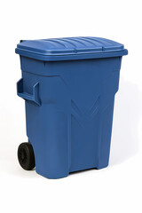 Blue Plastic Trash Bin with Wheels and Lid &ndash; Outdoor Waste or Recycling Container Isolated on White