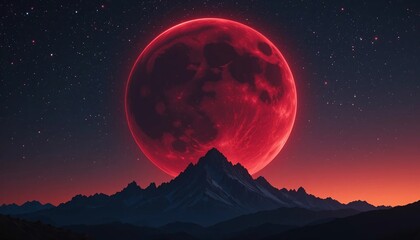 Dramatic red moon rising behind jagged mountain peaks under a starry night sky