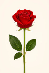 Single Red Rose in Full Bloom &ndash; Romantic Flower with Green Stem Isolated on Light Background