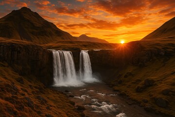 Breathtaking Icelandic waterfall landscape with dramatic sunset lighting and pristine Nordic wilderness atmosphere