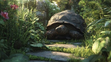 Naklejka premium Tortoise in lush garden setting
