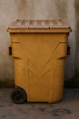 Yellow Plastic Garbage Bin with Wheels and Lid &ndash; Outdoor Waste Container Against Concrete Wall