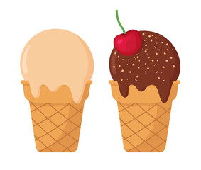Two cartoon style ice cream cones, one with vanilla scoop and one with chocolate scoop topped with cherry, isolated on white background.