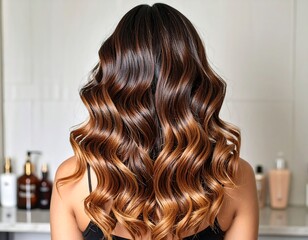 Fototapeta premium Woman's back view, long wavy auburn hair