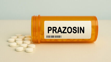 Box of PRAZOSIN tablets on a hospital pharmacy table used to treat high blood pressure and PTSD an...