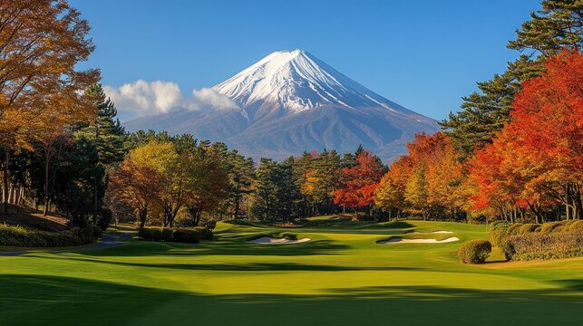 Autumnal golf course with Fuji