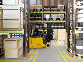 Naklejka premium Forklift operator moving wooden crate in warehouse with shelves of pallets and containers, logistics, material handling, storage, distribution, supply chain.