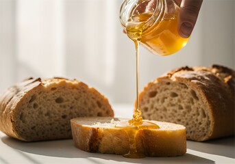 Golden honey drizzling onto a fresh slice of rustic artisan bread.