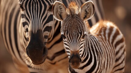 Zebra mother and calf close up