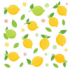 Pixel Art Pattern of Lemons Limes and Flowers on White Background