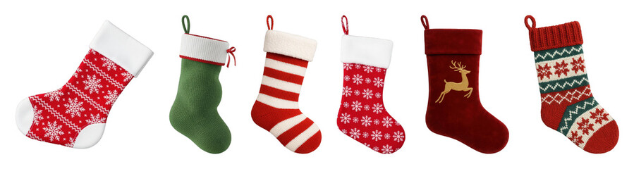 Christmas stockings set including various knitted, velvet, patterned, and solid designs isolated. Holiday decoration and gift collection.