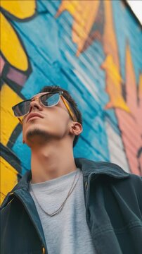 Urban, hipster, modern fashion, youthful trend, cool-looking guy in glasses and jacket, creative graffiti background, unique pose with head slightly tilted down