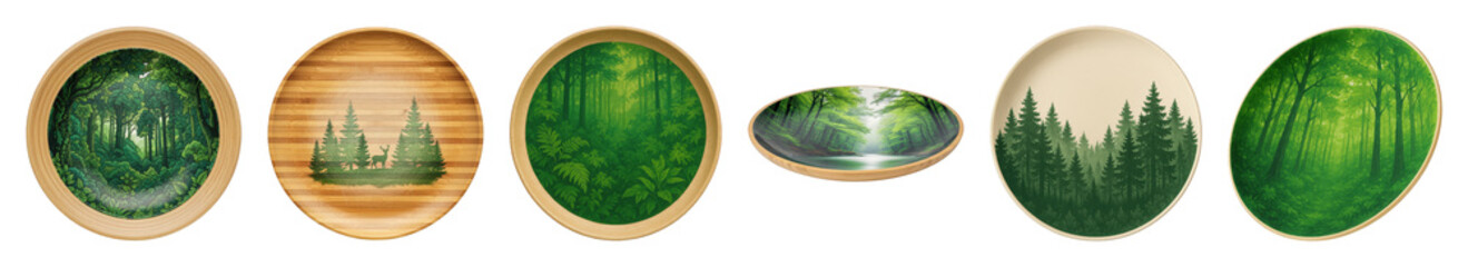 Forest dinnerware set including round, oval, deep, and shallow bamboo plates with nature designs isolated. Eco-friendly home decor and kitchenware.