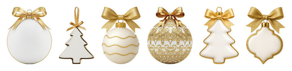 Elegant white and gold Christmas ornament set including various shapes and glitter patterns isolated. Ideal for festive holiday season designs.
