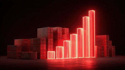 Export trade growth, glowing bar chart with shipping containers, 3D illustration.