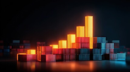 Export trade growth, glowing bar chart with shipping containers, 3D illustration.
