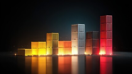 Export trade growth, glowing bar chart with shipping containers, 3D illustration.