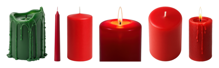 Candle set including red and green pillar, taper, burning, and dripping wax variants isolated. Holiday decoration and festive ambiance.