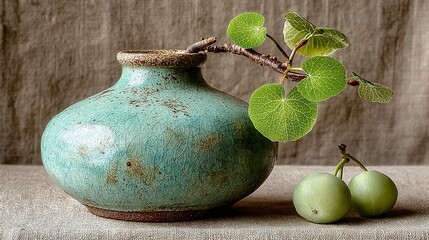 Turquoise vase with branch and green fruit on a neutral textured surface.