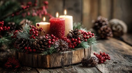 Christmas holiday still life with burning candles, pine cones, red winter berries and evergreen fir tree branches on wooden table